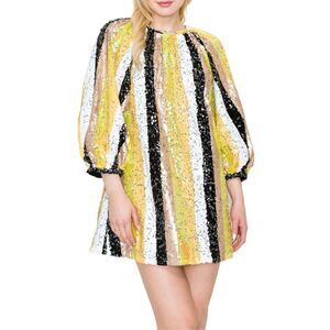 NEW Melloday Multicolor Sequin Stripe Balloon Sleeve Mini Dress Size Medium NEW!